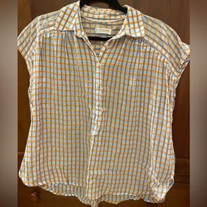 Pilcro by Anthropologie Blue & Orange Plaid Short-Sleeve Button Front Blouse